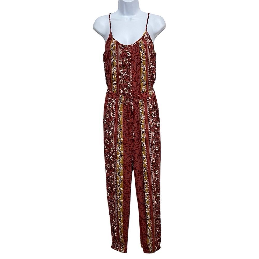 Bebop Rust Floral Print Romper Size Small Sleeveless Boho Cinched Waist